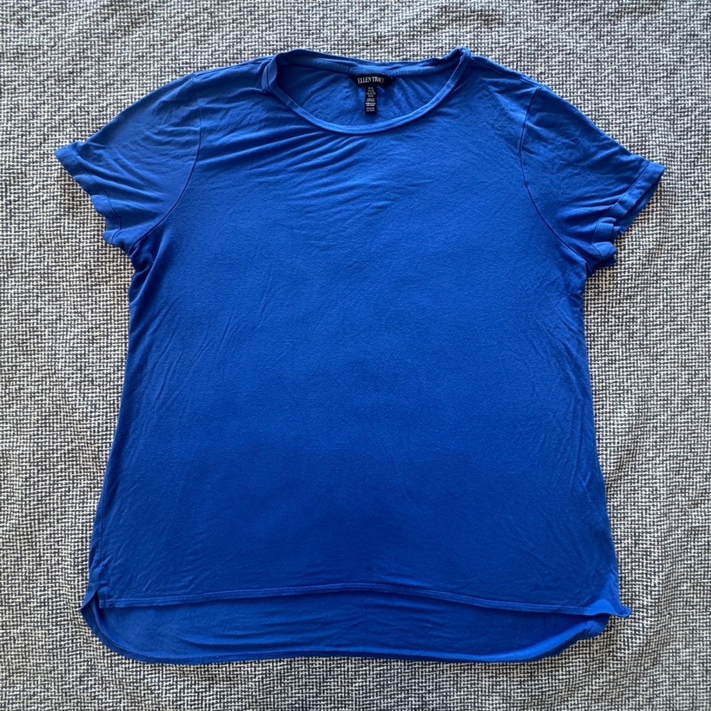 Ellen Tracy Womens Royal Blue Short Sleeve High Low Crew Neck Top Size XL